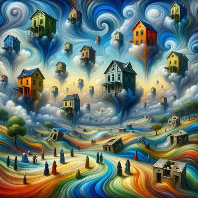 The primary subject of the image is a painting featuring a group of people standing in a field. The setting is a cloudy sky, and the visual style is a mix of digital art and illustration. The colors and mood of the painting are predominantly blue and orange, creating a vibrant and lively atmosphere.